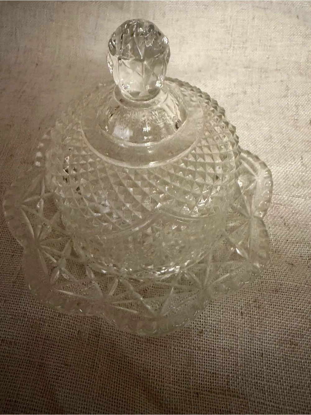 Avon Fostoria Diamond Point Stars Glass Covered Dish Candy Butter 6” 2 Piece